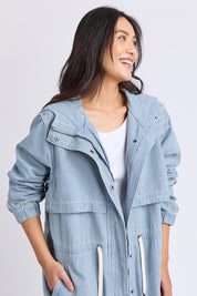 A model wearing the Bennett Denim Parker in colour Bluewhite (Blue), from the front, cropped image