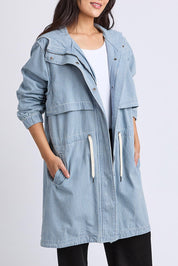 A model wearing the Bennett Denim Parker in colour Bluewhite (Blue), from the front, showing the whole outfit