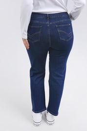 A model wearing the Ada Straight Leg Jean in colour Darkblue (Blue), from the back