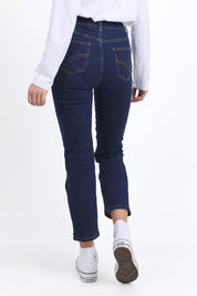 A model wearing the Ada Straight Leg Jean in colour Darkblue (Blue), from the back
