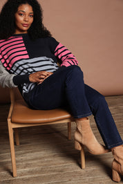 Model Ziara wearing size 10 of the Ada Straight Leg Jean in colour Darkblue (Blue), from the front, showing the whole outfit