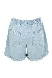 Product shot of the Holli Stripe Denim Short in colour Bluewhite (Blue), from the back