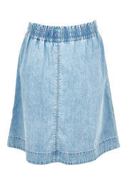 Product shot of the Paisley Denim Skirt in colour Lightblue (Blue), from the back
