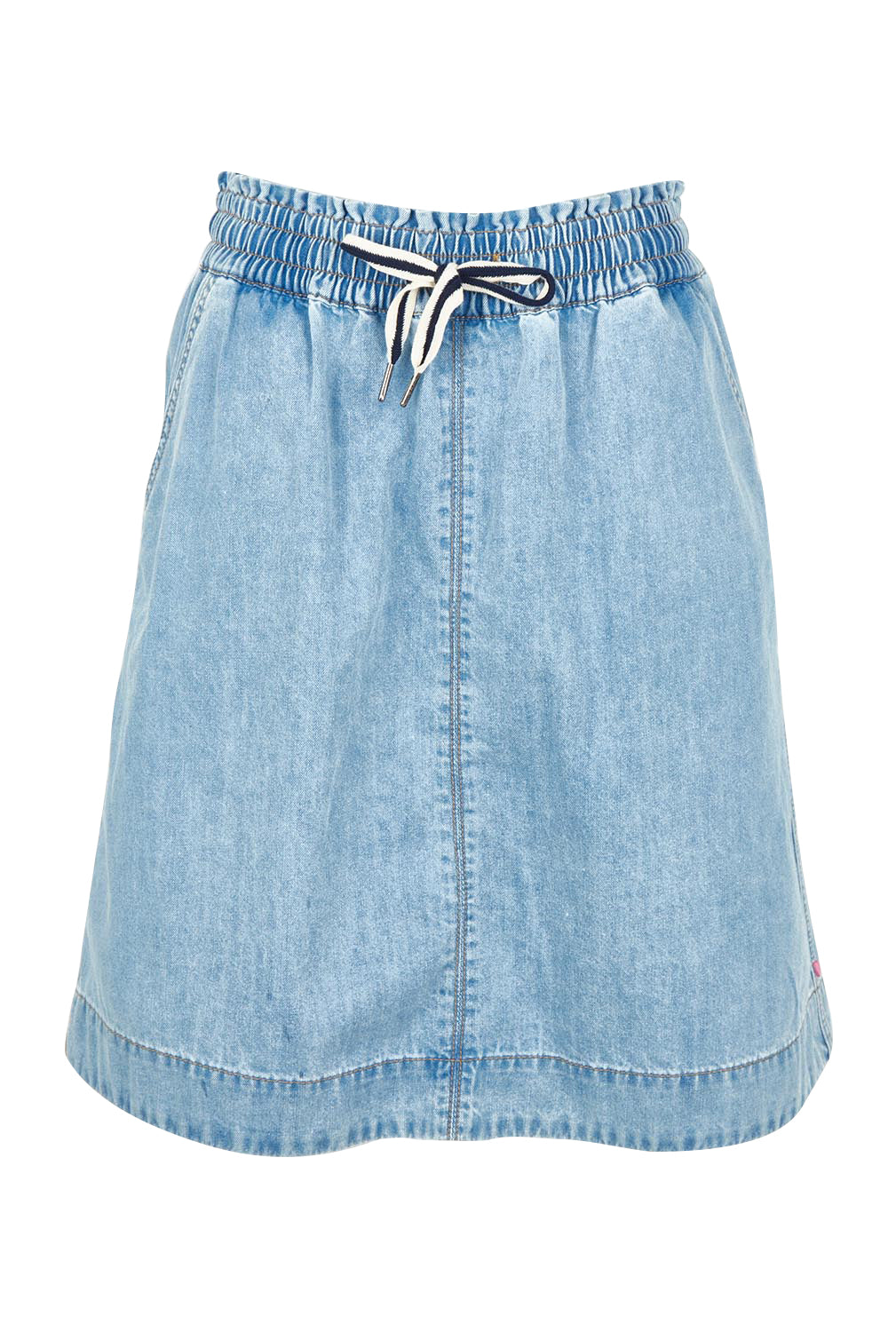 Product shot of the Paisley Denim Skirt in colour Lightblue (Blue), from the front