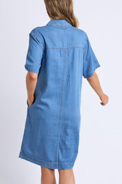 A model wearing the Cora Denim Lyocell Blend Dress in colour Misblue (Blue), from the back