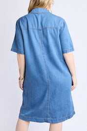 A model wearing the Cora Denim Lyocell Blend Dress in colour Misblue (Blue), from the back