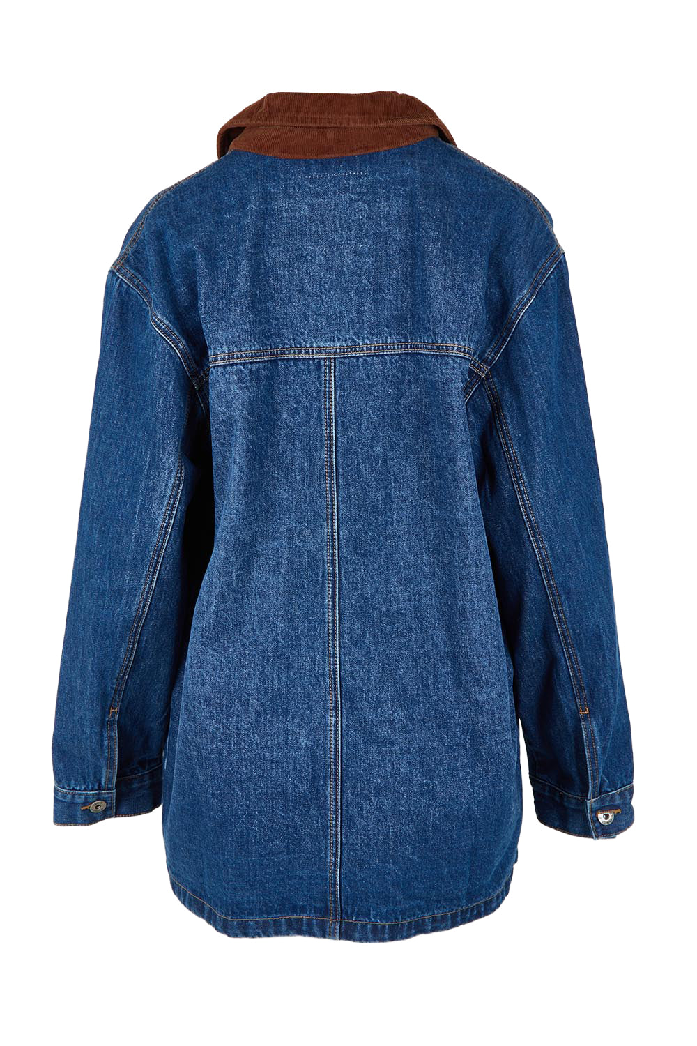 Product shot of the Lilian Denim Barn Jacket in colour Midblue (Blue), from the back