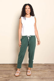 Model Pamelar wearing size 10 of the Fundamental Brunch Cotton Pant - Wintgreen in colour Wintgreen, from the front