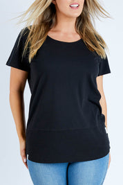 Model Jess wearing size 14 of the Fundamental Rib Short Sleeve Cotton Tee in colour Black (Black), from the front, cropped image