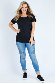 Model Jess wearing size 14 of the Fundamental Rib Short Sleeve Cotton Tee in colour Black (Black), from the front, showing the whole outfit