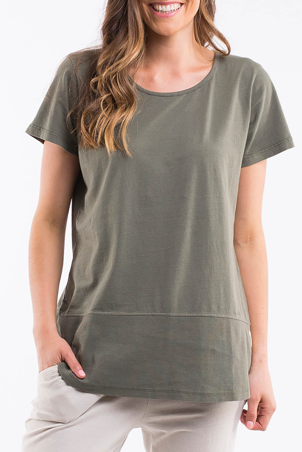 A model wearing the Fundamental Rib Short Sleeve Cotton Tee in colour Khaki (Green), from the front, cropped image