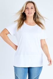 Model Jess wearing size 14 of the Fundamental Rib Short Sleeve Cotton Tee in colour White (White), from the front, cropped image
