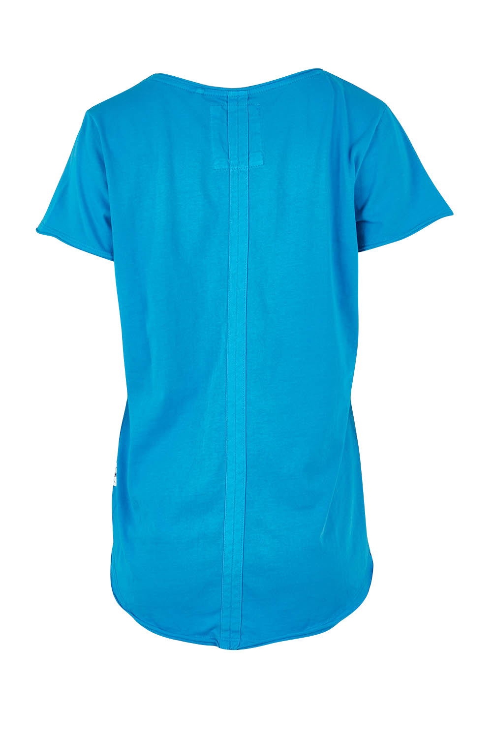 Product shot of the Fundamental Vee Cotton Tee in colour Ibizablue (Blue), from the back