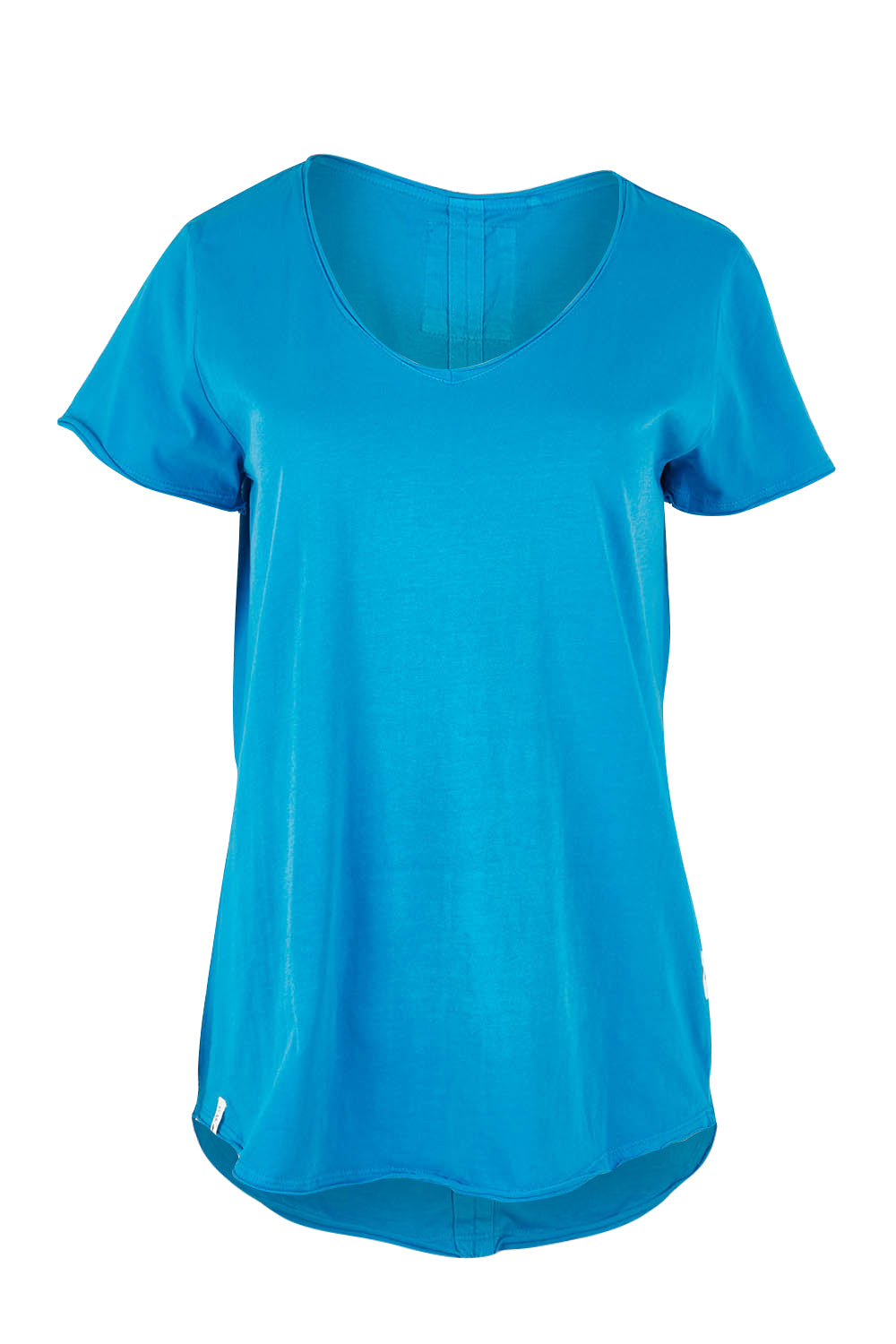 Product shot of the Fundamental Vee Cotton Tee in colour Ibizablue (Blue), from the front