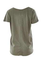 Product shot of the Fundamental Vee Cotton Tee in colour Khaki (Green), from the back
