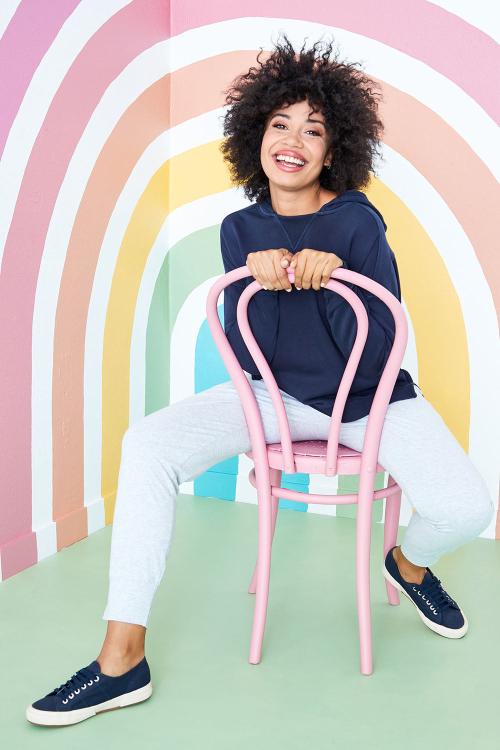 Model Olivia wearing size 10 of the Fundamental Wash Out Pant in colour Greymarle (Grey), from the front, showing the whole outfit