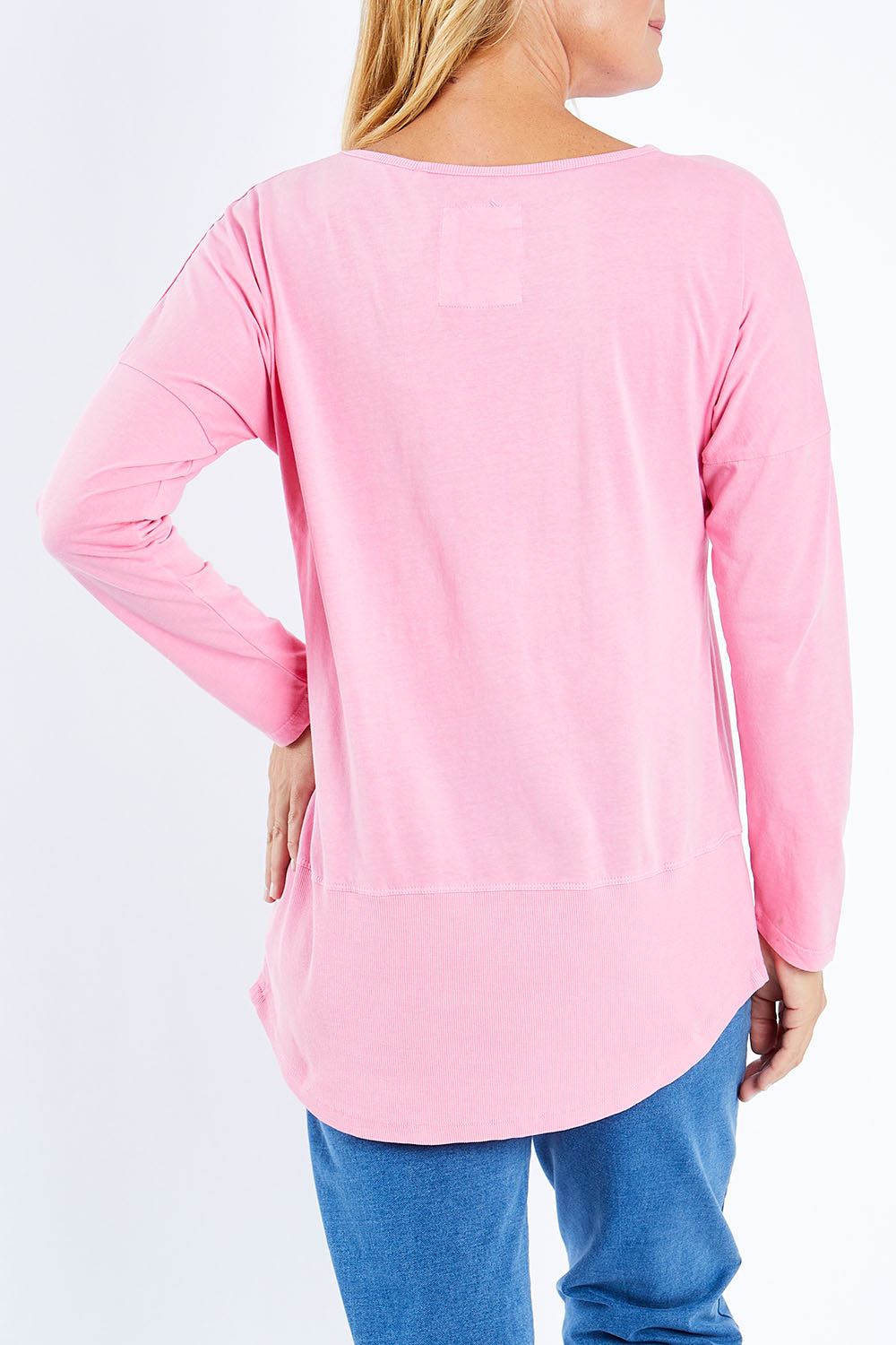 Model Bianca wearing size 10 of the Fundamental Rib Long Sleeve Tee in colour Bubblegum (Pink), from the back