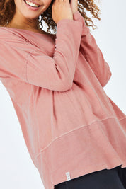 Model Summer wearing size 10 of the Fundamental Rib Long Sleeve Tee in colour DustyPink (Pink), from the front, showing the whole outfit