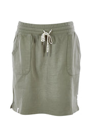 Product shot of the Fundamental Cassie Skirt in colour Khaki (Green), from the front