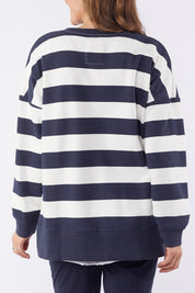 A model wearing the Fundamental Block Stripe Crew in colour Navywhite (Blue), from the back