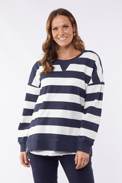 A model wearing the Fundamental Block Stripe Crew in colour Navywhite (Blue), from the front, cropped image