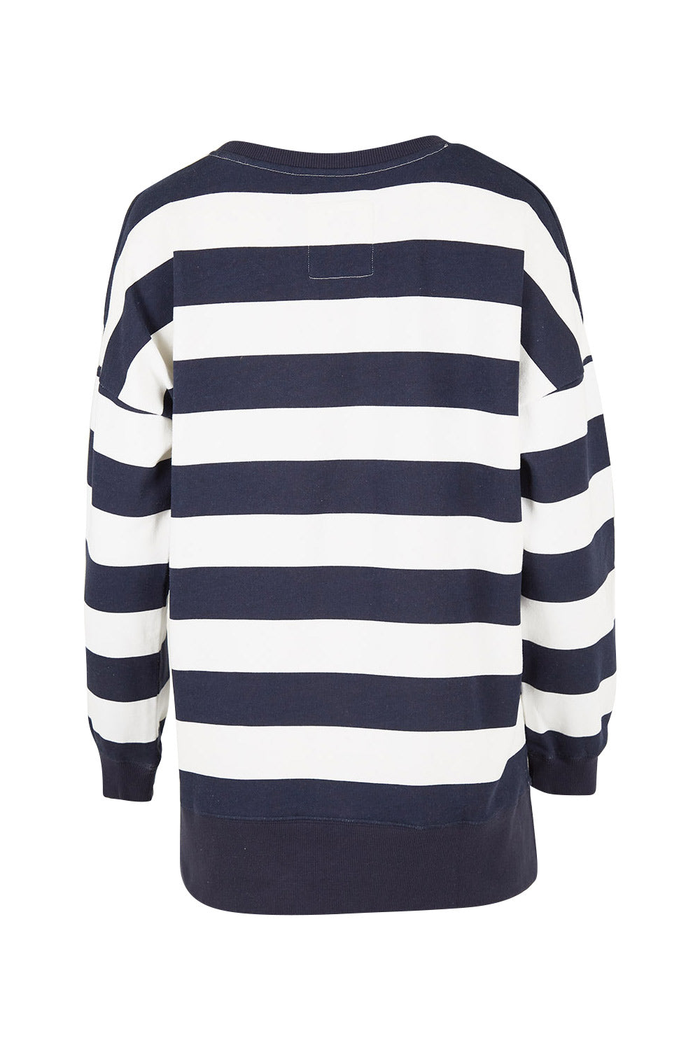 Product shot of the Fundamental Block Stripe Crew in colour Navywhite (Blue), from the back