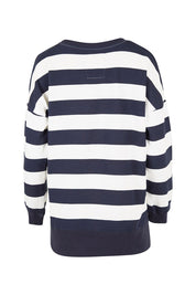 Product shot of the Fundamental Block Stripe Crew in colour Navywhite (Blue), from the back