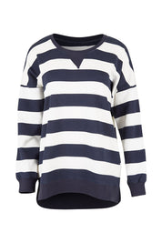 Product shot of the Fundamental Block Stripe Crew in colour Navywhite (Blue), from the front