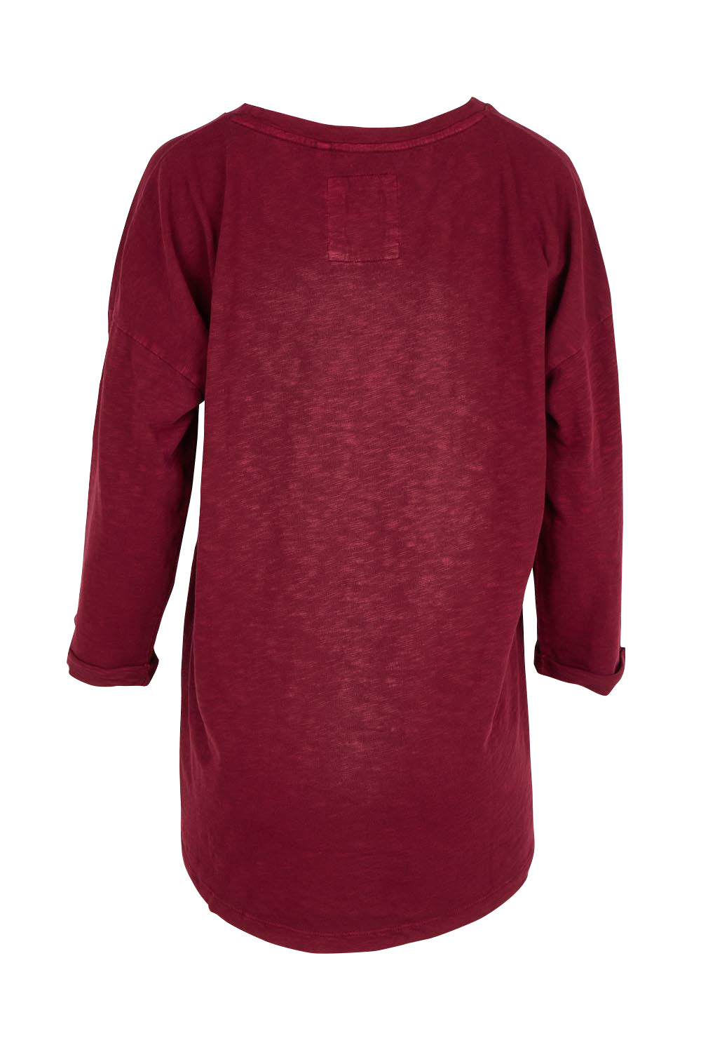 Product shot of the Fundamental Annie 3/4 Sleeve Tee in colour Plum (Purple), from the back