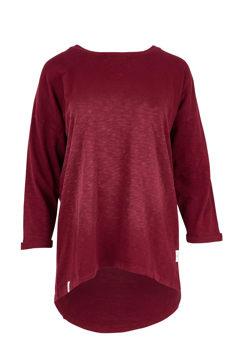 Product shot of the Fundamental Annie 3/4 Sleeve Tee in colour Plum (Purple), from the front
