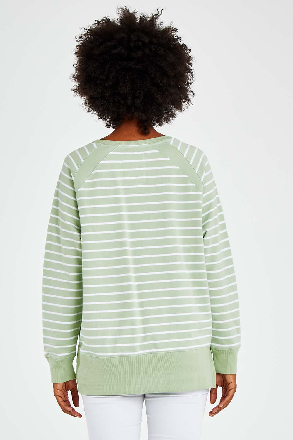 Model Olivia wearing size 10 of the Fundamental Sydney Crew in colour Greenstrip (Green), from the back