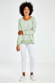 Model Olivia wearing size 10 of the Fundamental Sydney Crew in colour Greenstrip (Green), from the front, showing the whole outfit