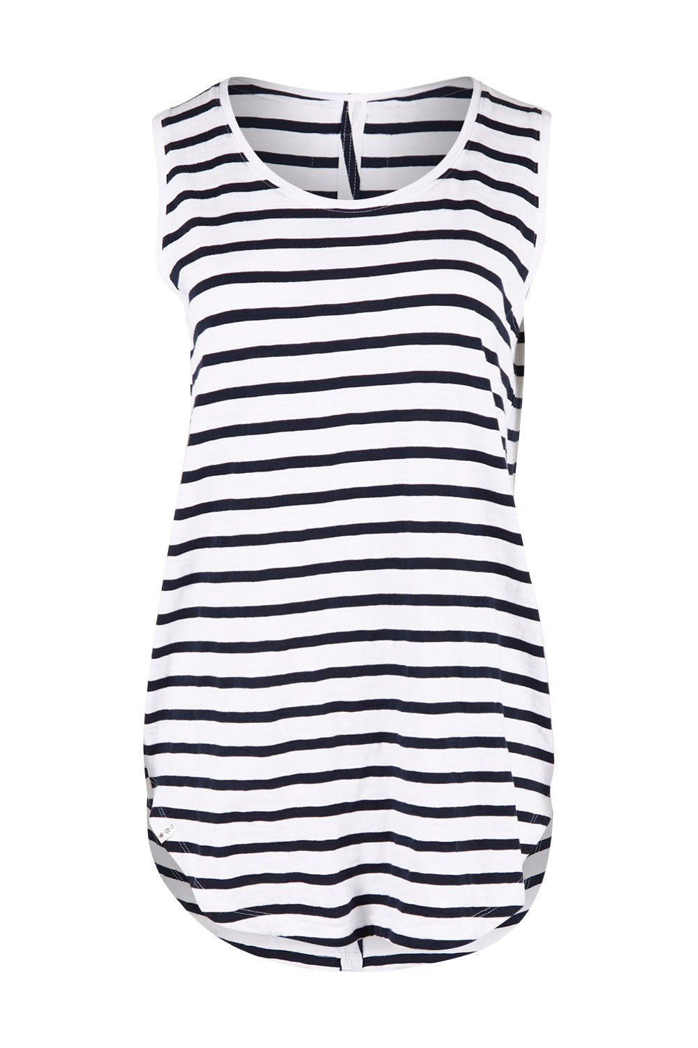 Product shot of the Fundamental Scoop Tank in colour Navywhit (Blue), from the front