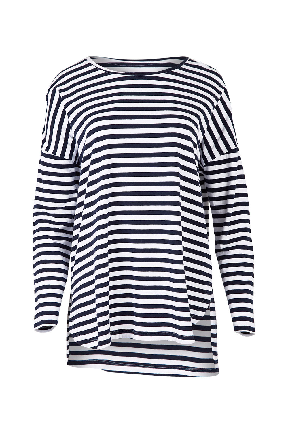 Product shot of the Fundamental Lauren Stripe LS Tee in colour Navywht (Blue), from the front