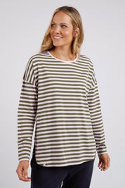 A model wearing the Fundamental Lauren Stripe LS Tee in colour Pinkkhaki (Pink), from the front, cropped image