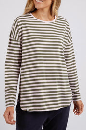 A model wearing the Fundamental Lauren Stripe LS Tee in colour Pinkkhaki (Pink), from the front, cropped image