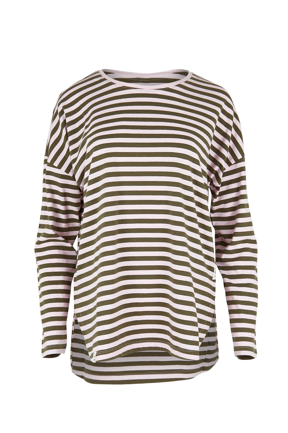Product shot of the Fundamental Lauren Stripe LS Tee in colour Pinkkhaki (Pink), from the front