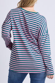 A model wearing the Fundamental Lauren Stripe LS Tee in colour Tealpink (Blue), from the back