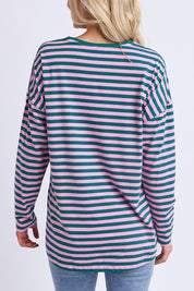 A model wearing the Fundamental Lauren Stripe LS Tee in colour Tealpink (Blue), from the back
