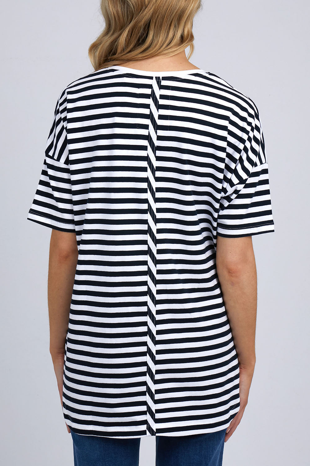 A model wearing the Fundamental Lauren S/S Cotton Stripe in colour Navywhit (Blue), from the back