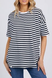 A model wearing the Fundamental Lauren S/S Cotton Stripe in colour Navywhit (Blue), from the front, cropped image