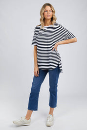 A model wearing the Fundamental Lauren S/S Cotton Stripe in colour Navywhit (Blue), from the front, showing the whole outfit