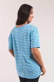 Model Genericm wearing size sample of the Fundamental Lauren Short Sleeve Cotton Stripe Tee - Tonicblueazure in colour Tonicblueazure, from an angle
