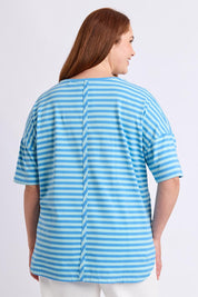 Model Genericm wearing size sample of the Fundamental Lauren Short Sleeve Cotton Stripe Tee - Tonicblueazure in colour Tonicblueazure, from an angle