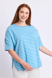 Model Genericm wearing size sample of the Fundamental Lauren Short Sleeve Cotton Stripe Tee - Tonicblueazure in colour Tonicblueazure, in a cropped view
