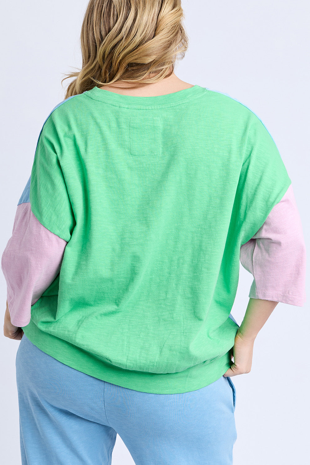 A model wearing the Fundamental Mazie Colour Block Cotton Sweat in colour Blupnkgree (Blue), from the back