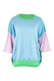 Product shot of the Fundamental Mazie Colour Block Cotton Sweat in colour Blupnkgree (Blue), from the front