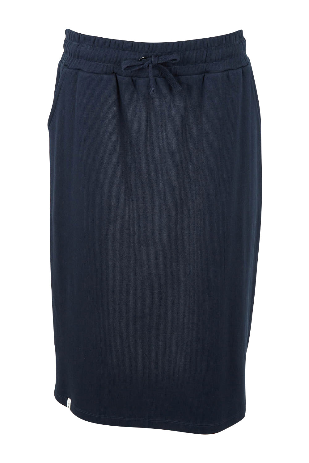 Product shot of the Fundamental Rib Midi Skirt in colour Navy (Blue), from the front