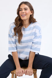 A model wearing the Fundamental Mazie Block Stripe Cotton Sweat in colour Skybluestr (Blue), from the front, cropped image