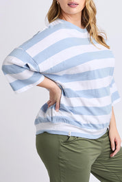 A model wearing the Fundamental Mazie Block Stripe Cotton Sweat in colour Skybluestr (Blue), from the front, cropped image